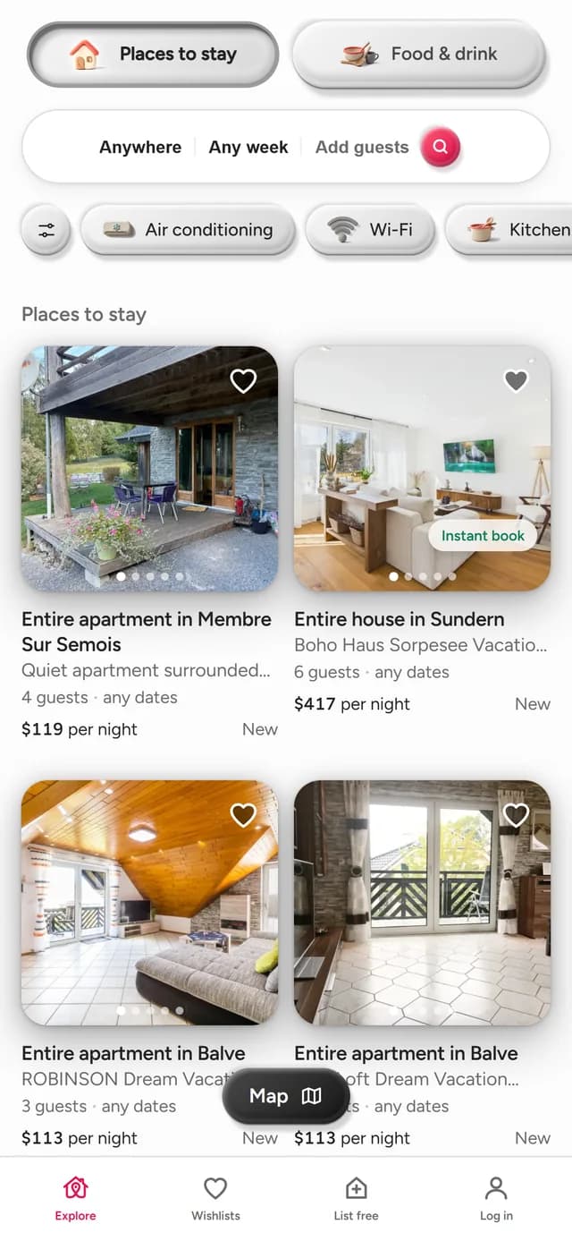 Search results in the BookNoFees app: places to stay with photos and prices