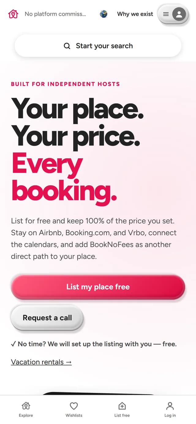 The host page in the BookNoFees app: list your place for free