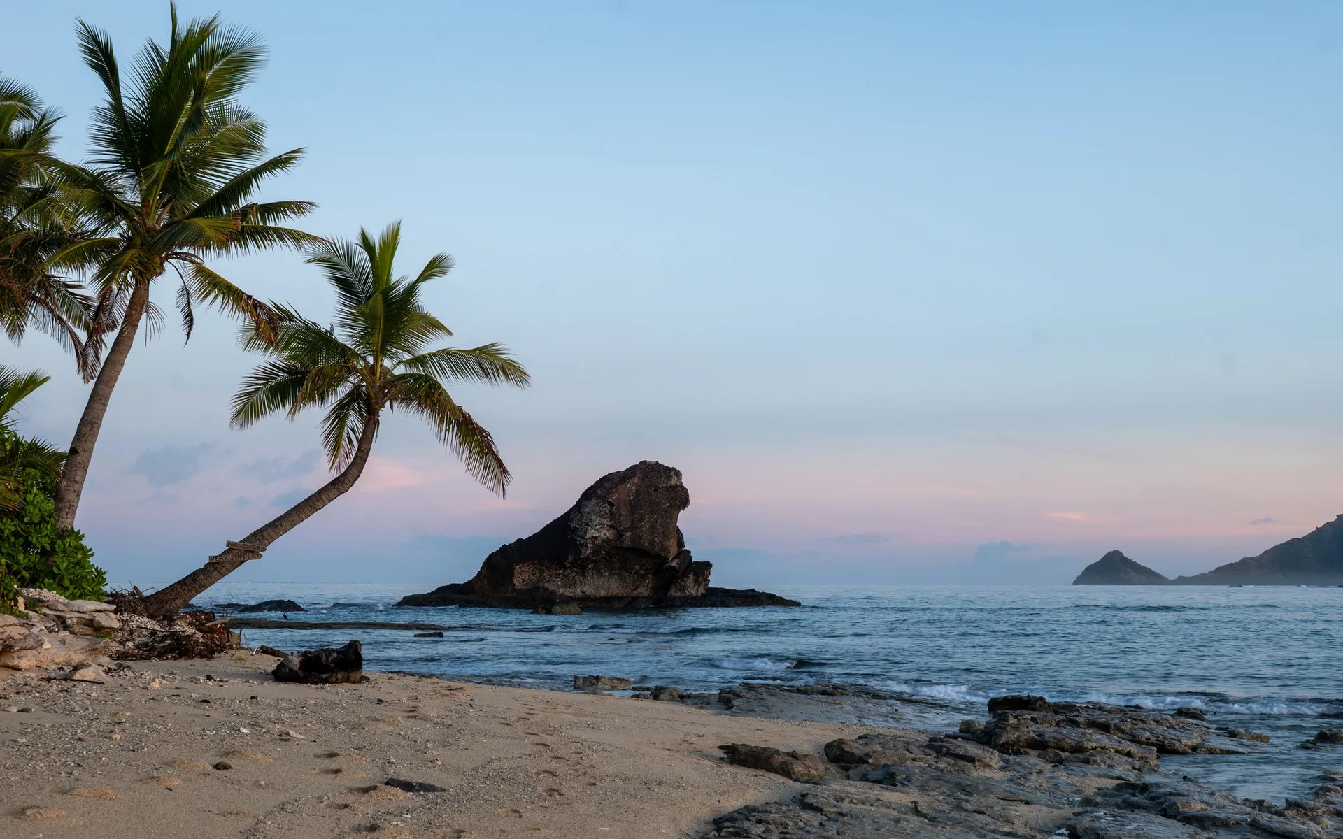 Palm trees on the beach of Kuata Island at sunrise