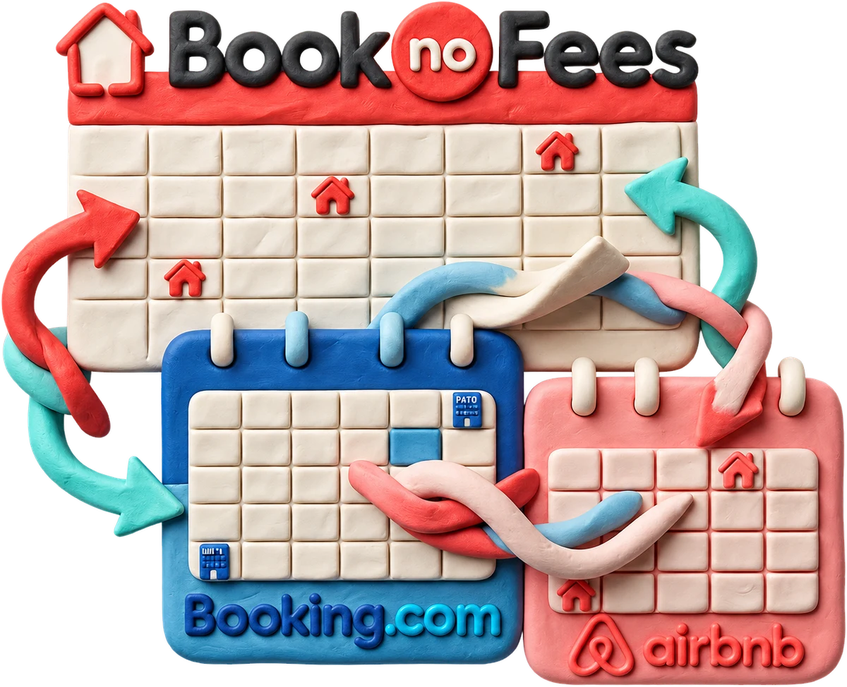 Three clay calendars passing bookings to each other: BookNoFees, Booking.com and Airbnb stay in sync.
