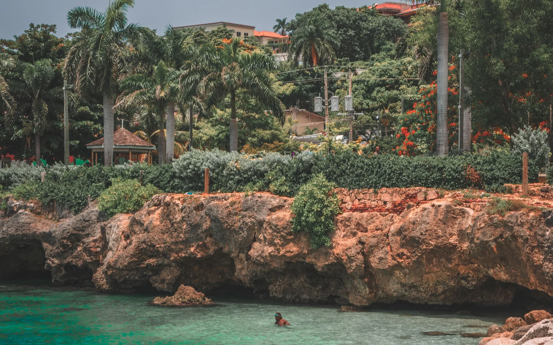 Montego Bay na may mga punong palma at turkesa na tubig