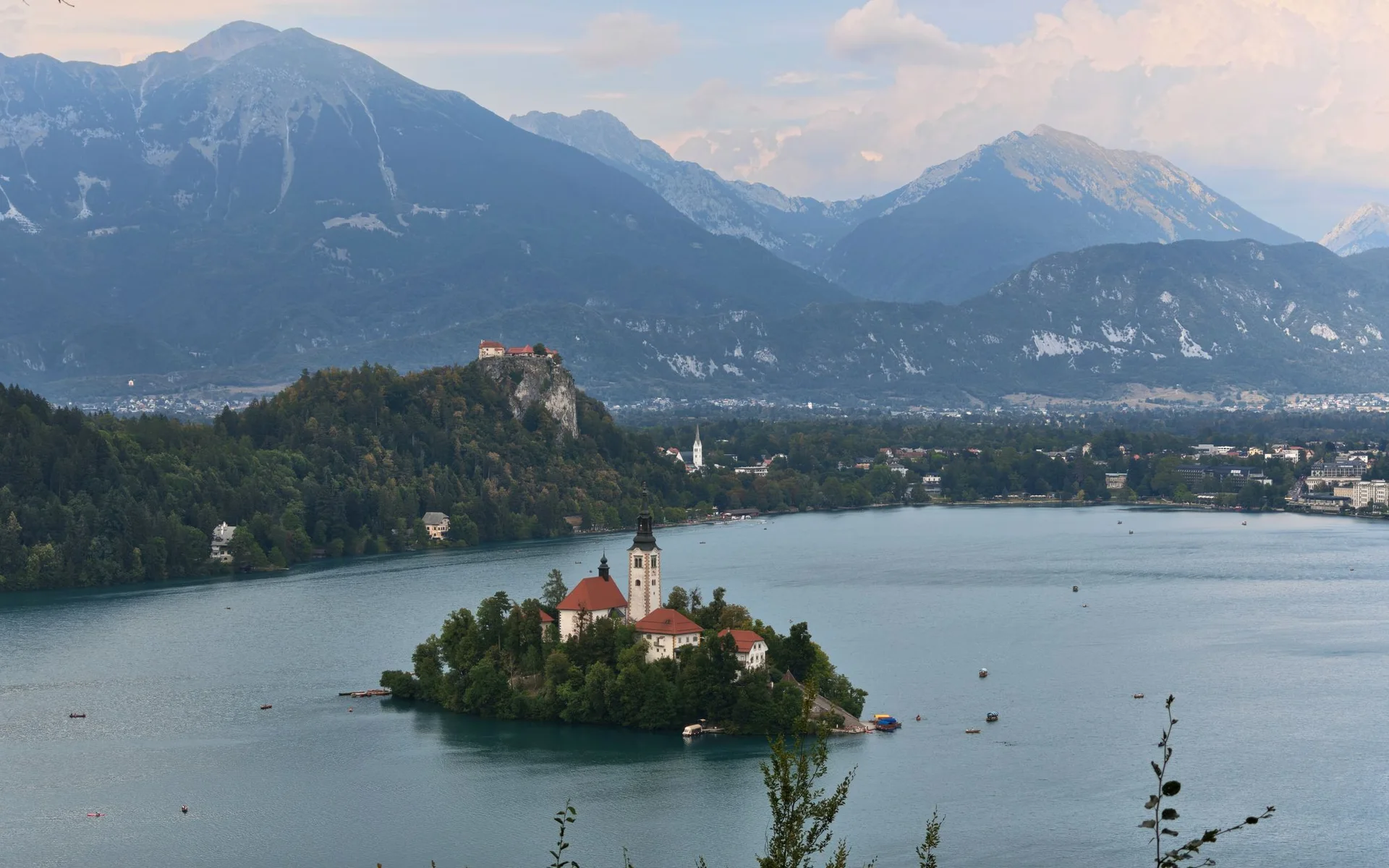Lake Bled with its island church set against the Alps