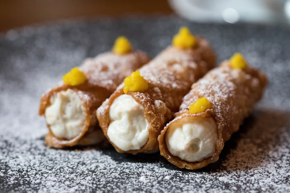 BookNoFees: Halimbawa ng larawan: Cannoli na may malapot na palaman at binudbud na pulbos na asukal