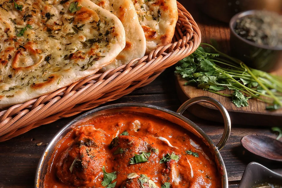 BookNoFees: Halimbawa ng larawan: Kare na inihahain kasama ang garlic naan