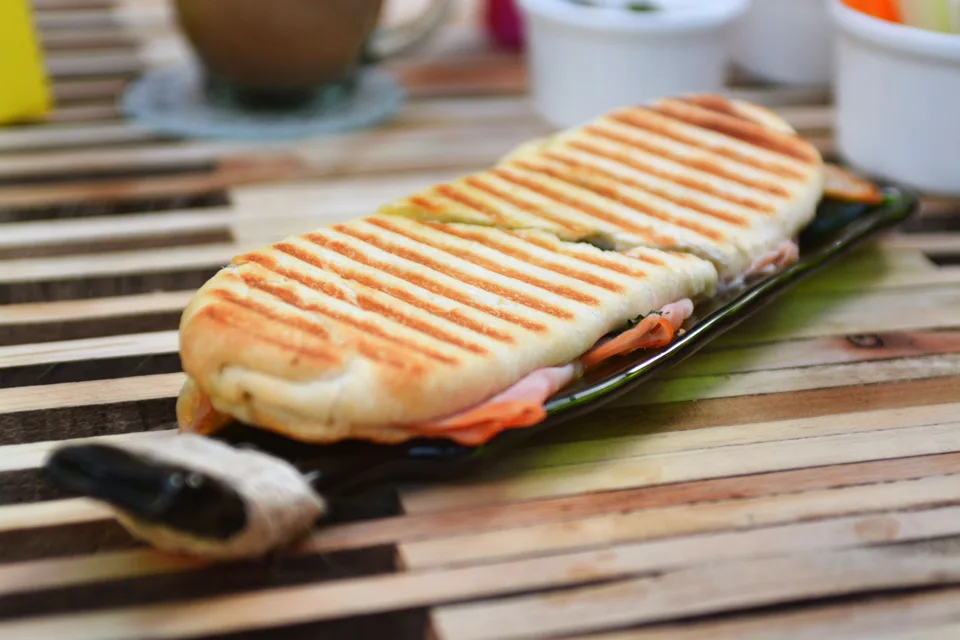 BookNoFees: Example photo: A toasted panini with grill marks on a dark plate